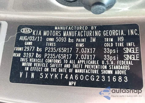 2012 Kia Sorento Lx из США, поврежденный, VIN 5XYKT4A60CG231683